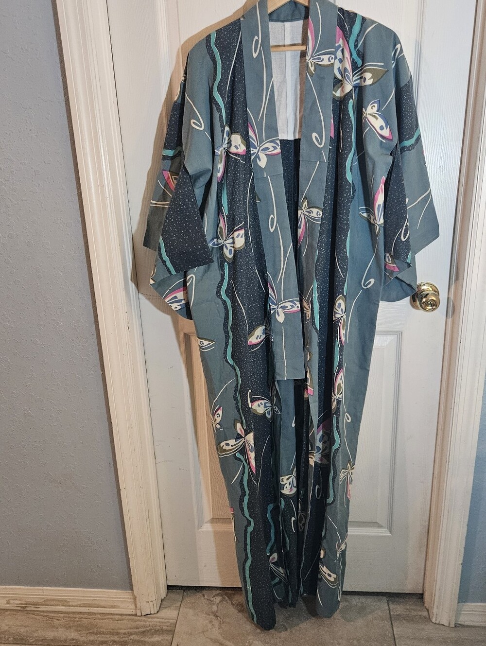 Handmade Cotton Kimono Blue With Teal Pink White Butterflies & Flowers